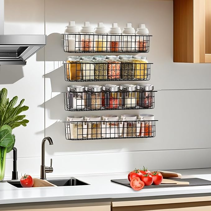 Spice Rack Organizer Wall Mount, 2 Pack Black Seasoning Rack Wire Storage Baskets for Wall or Cabinet Door in Kitchen and RV | Seasoning Rack, Kitchen, RV