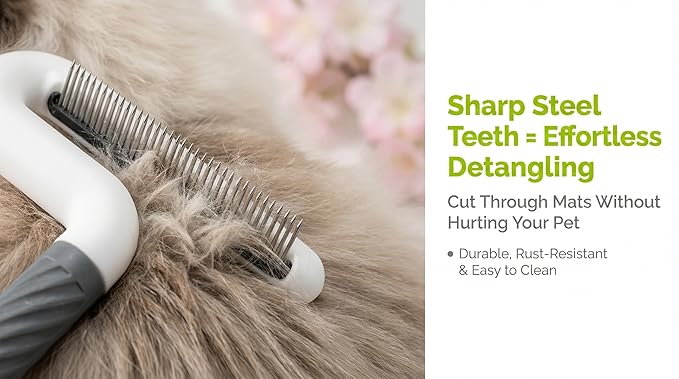 Pet Flea Comb for Dogs & Cats - Steel Teeth Detangler for Tangles, Mats, and Loose Fur - Gentle Grooming Tool for Long & Short Hair Pets (Lime Green)