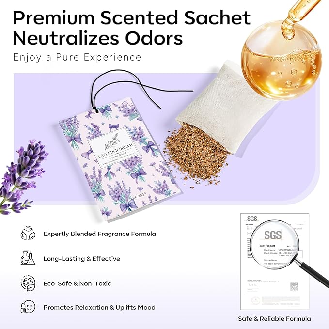 MYARO 20 Pack Lavender Scented Sachets - Drawer & Closet Air Freshener Bags, Natural Odor Eliminator for Car, Home, Bedroom, Office & Travel