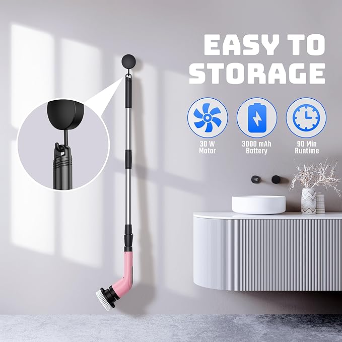 VigorDay Electric Spin Scrubber - Cordless Bathroom Scrubber with 7 Brush Heads - Dual Speed IPX7 Waterproof Power Scrubber for Heavy-Duty Bathtub, Glass, Tile, and Car Cleaning (Pink)