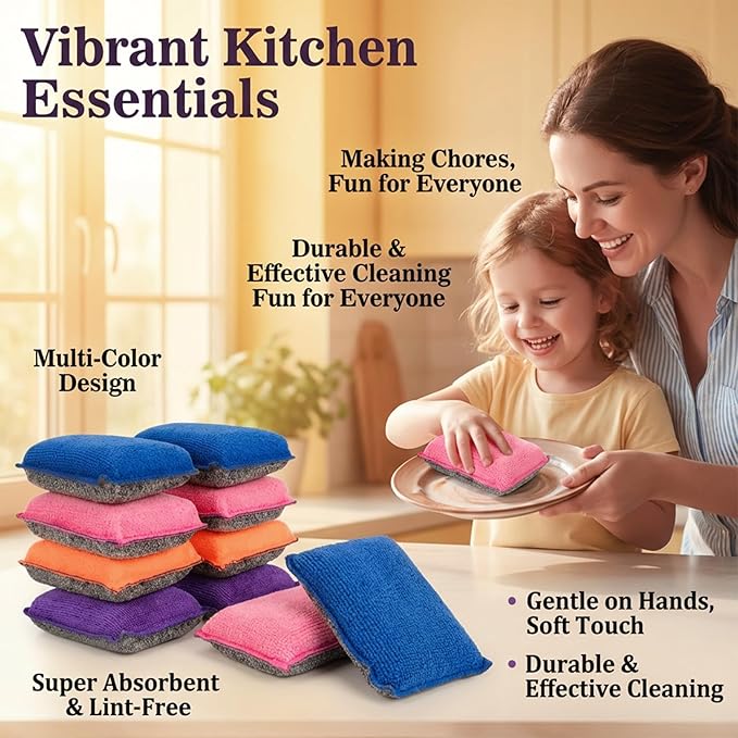 MAQIHAN 8 Pack Microfiber Sponge Kitchen - Dish Scrubber Sponge Non-Scratch Reusable High Density Heavy Duty Kitchen Sink Dish Sponge for Washing Dishes, Pans, Household Cleaning Sponges 4 Colors.