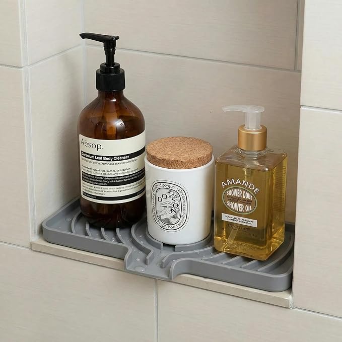 Silicone Sponge Holder for Kitchen Sink With Drain Spout, Self Draining, 10×4 inch Kitchen Soap Tray, Bathroom Organizer, Sink Caddy, Perfect for Dispenser, Scrubber, Bottle, Cup on Counter (Gray)