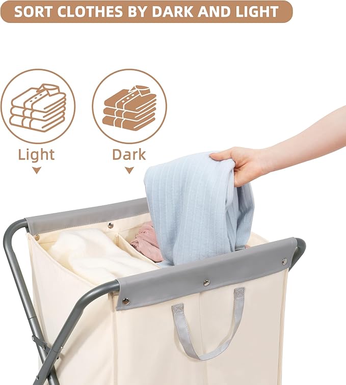 STORAGE MANIAC 125L Collapsible Laundry Hamper with Wheels, Rolling Laundry Basket, Heavy Duty Cloth Sorter with Removable Bag, Folding X Frame Clothes Organizer Cart for Easy to Store, 2 Section