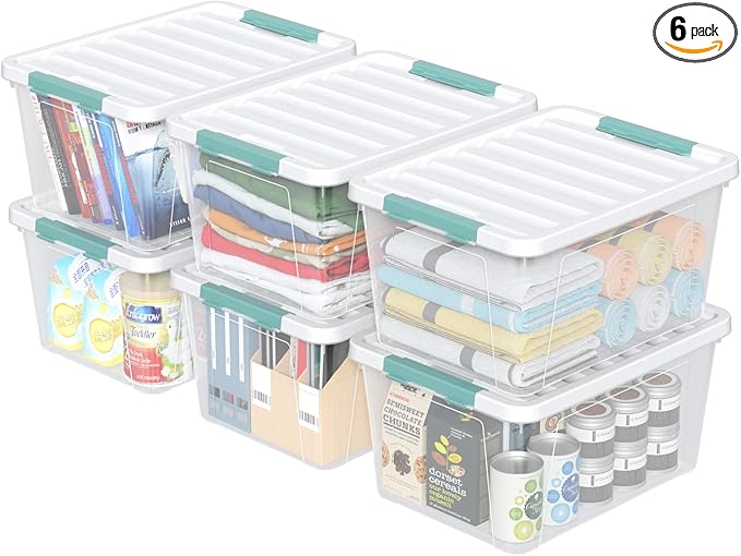 Bblina 6 Packs 35 L Clear Plastic Latching Bins with Lids, Large Storage Tote Boxes
