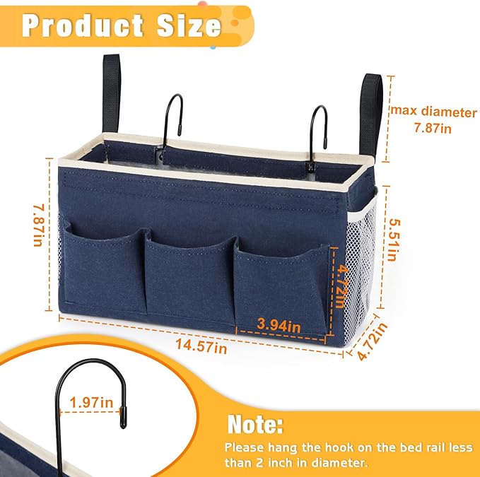 Lilithye Bedside Caddy Bedside Organizer Bedside Storage Caddy with Fixed Straps and Water Bottle Holder for Home College Dorm Bunk Bed Hospital Bed Crib Bed Rails (Navy Blue)
