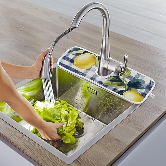 Sink Faucet Absorbing Mat Kitchen Sink Splash Guard Splash Faucet Drip Catcher for Bar RV Bathroom 2PCS 23.6x5.5in Blue and White Gingham Summer Lemons