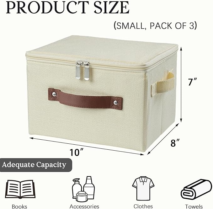 3 Pack Storage Bins with Zipper Lid Fabric Lidded Storage Boxes Baskets Cubes Washable Collapsible PU Leather Handle Cotton Linen Fabric Shelf Closet Organizer Container(Beige, Small Size)