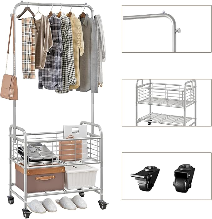 SUOERNUO Laundry Cart with Hanging Rack Rolling Laundry Hamper Sorter with Wheels Shelf,Grey