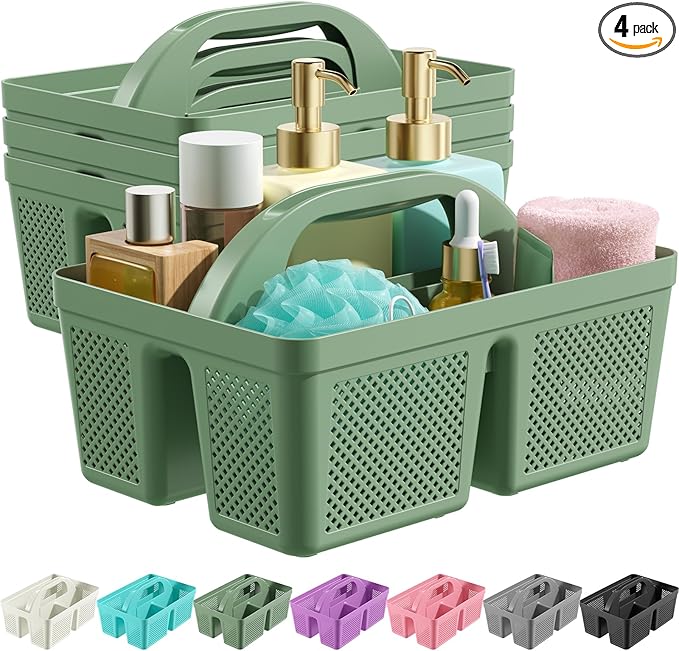 MLIKLU 4 Pack Portable Shower Caddy, Integrated Handle, Reinforced Plastic, Quick-Dry Ventilation Holes, Multi-purpose Storage Basket for Home, Dorm and Bathroom, Kitchen, Under Sink Storage, Green