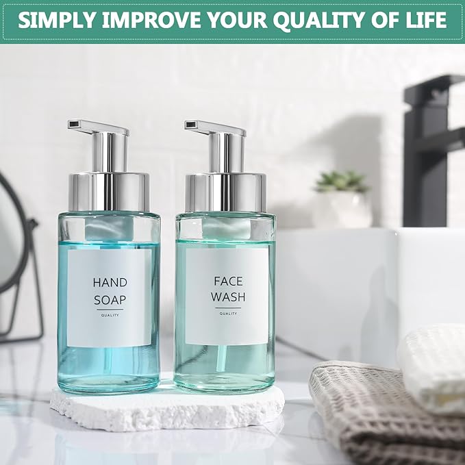 Glass Soap Dispenser, 10 oz/300ml Foaming Soap Dispenser, 4 Pack Foaming Hand Dispenser for Bathroom & Kitchen, Clear Refillable Foam Soap Bottle with Silver Pump