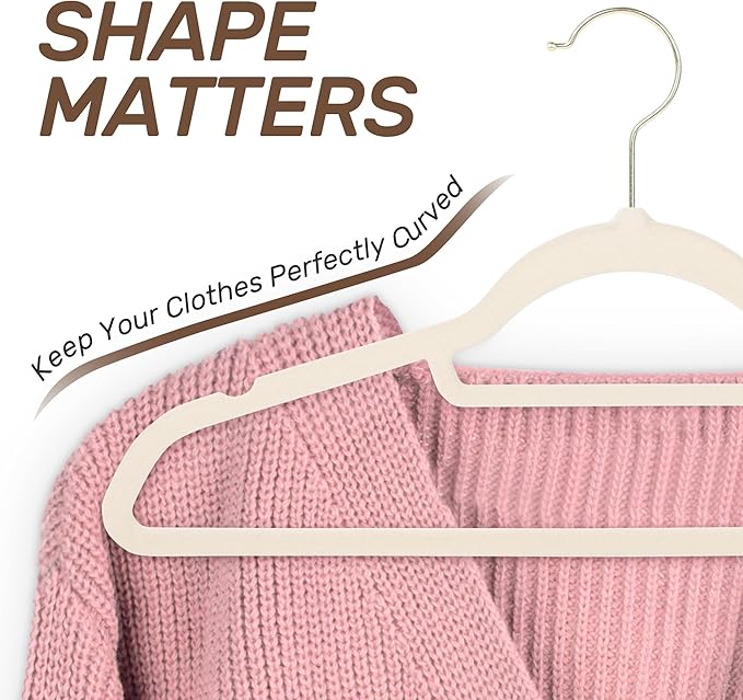 Premium Velvet Hangers 30 Pack with Gold Hooks, Non-Slip, Space Saving Felt Clothes Hangers, Sturdy Slim Flocked Hanger for Dresses, Coats, Tie and Pants(Beige)