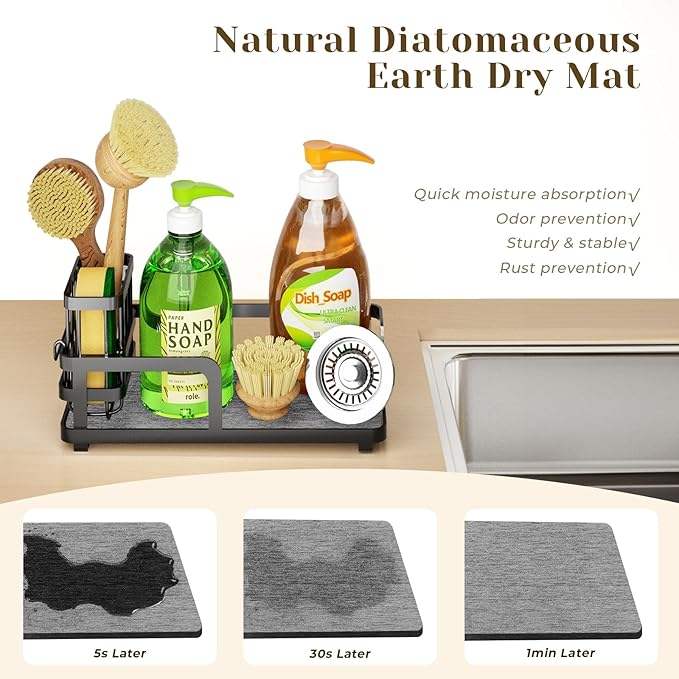 Kitchen Sink Caddy Organizer for Instant Dry, Rustproof Sponge Holder & Dish Soap Tray with Diatomaceous Earth, Countertop Brush Storage,10.2" X 4.7" X 4.1",Black