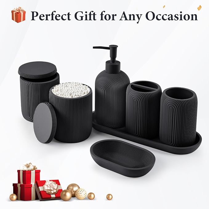 Bathroom Accessories Set - 7-Piece Resin Bathroom Set, Toothbrush Holders Set, Soap Dispenser, Qtip Holder Dispenser, Tumbler, Soap Dish & Tray, Modern Bath Decor for Home Dorm Hotel (Black)