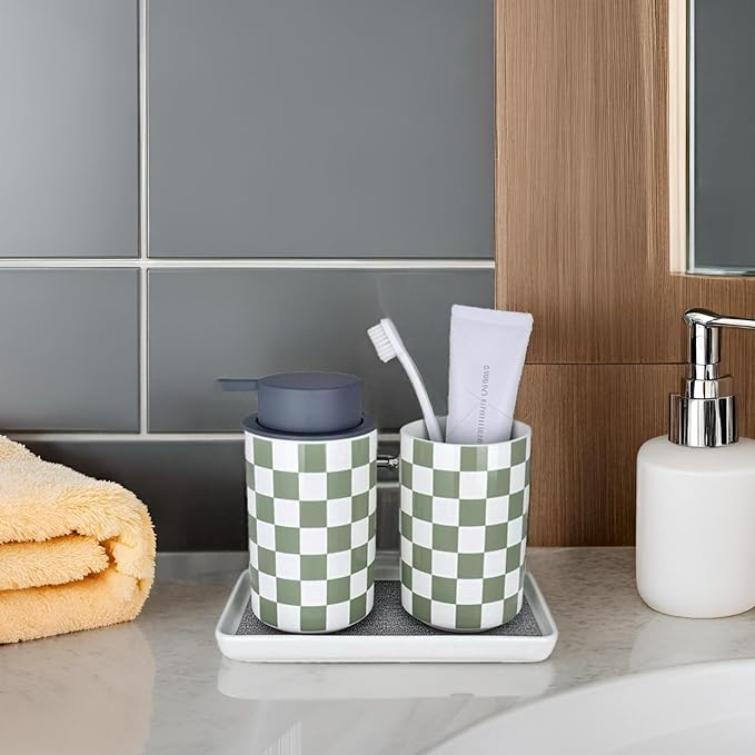 Bathroom Toothbrush Holder Set, Ceramic Soap Dispenser and Tooth Brush Holder Set, Modern Bathroom Accessories Sets Countertop, Checkered Bathroom Decor, Sage Green Bathrooms Decorative