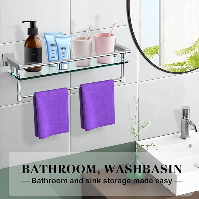 SFGSOWOR Bathroom Glass Shelf with Towel Rack Organizer Wall-Mounted Bathroom Storage SUS304 Stainless Steel Towel Bar/Track Wall-Mounted Tempered Glass Shelves (Chrome Polished, 20-inch)