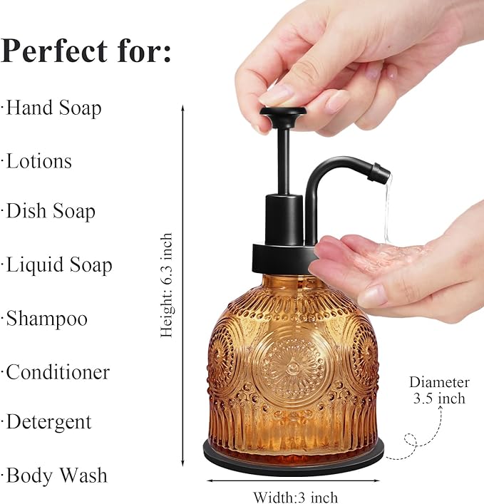 Amolliar 8 Oz Vintage Glass Bathroom Soap Dispensers with Pump, 2 Pack Refillable Kitchen Dish Soap Dispenser with Stripe, Antique Rustic Hand Soap Liquid Bottle (Brown-Black Pump)