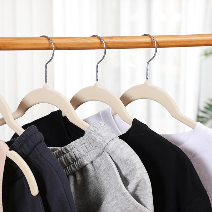 50 Pack Velvet Hangers Non-Slip Shirt Clothes Hangers 360° Swivel Hook Slim Flocked Coat Hanger Heavy Duty Space Saving Felt Hanger for Women Men Pants Jackets Dress(Ivory White)
