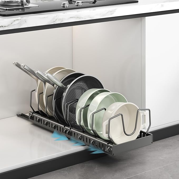 Pots and Pans Organizer Under Cabinet, Pull Out Pots and Pans Organizer, Expandable Sliding Lid Holder and Pan Rack for Pot Lid, Bakeware, Dishes, 10 Adjustable Dividers
