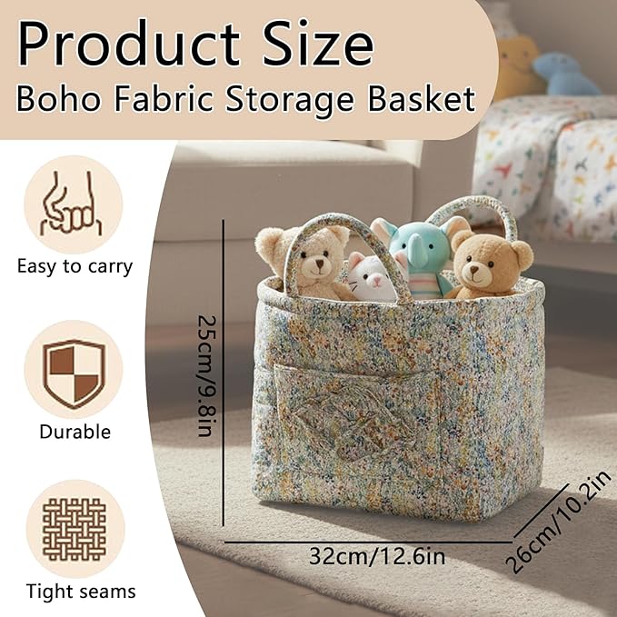 Quilted Fabric Storage Basket with Handles & Pocket, Foldable Laundry Hamper Boho Floral Print Organizer Bin for Home, Picnic, Office 12"x10"x10" (A-3)