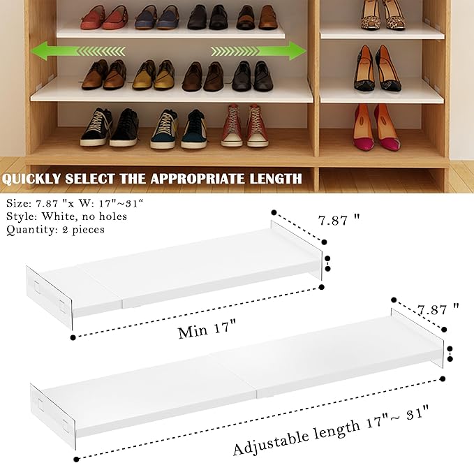 Expandable Closet Organizer Shelves, Adjustable Metal Storage Shelves Divider for Wardrobe Cupboard Kitchen (2 Pack, W:7.87" x L: 17" to 31")