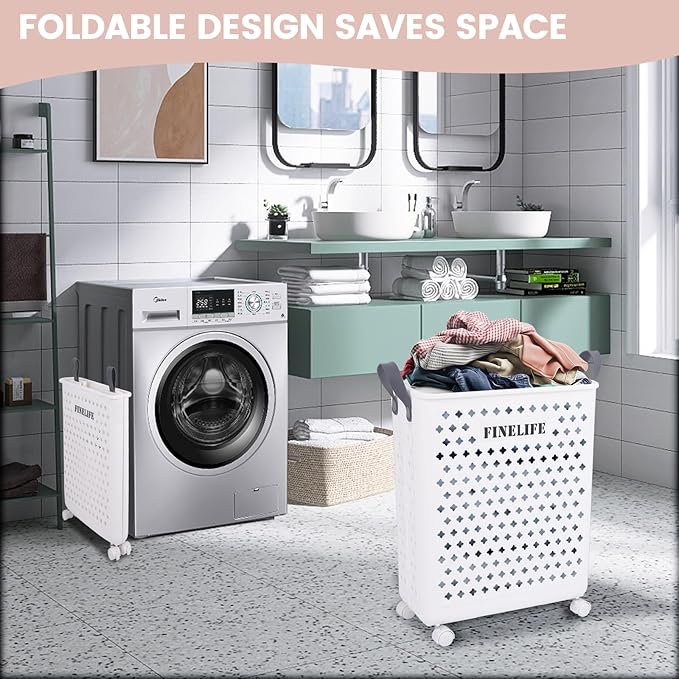 45L Collapsible Laundry Basket with Wheels and Handle, Plastic Foldable Laundry Hamper, Versatile Portable Storage Basket, Space Saving Dirty Clothes Laundry Hamper for Laundry and Bathroom