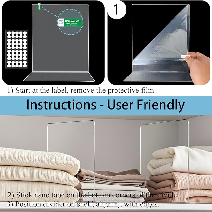 Lebouri Shelf Dividers for Closet Organization: 12" Tall Acrylic Closet Dividers for Shelves - Clear Free Standing Shelf Separators for Clothing Sweater Purse
