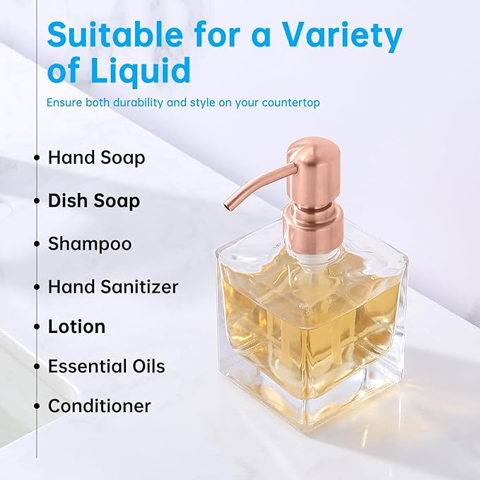 Ximlike Square Bathroom Soap Dispenser Pink Pump, 8.4 oz Glass Bottles with Stainless Steel Pump Rose Gold Retangle Cube Liquid Soap Dispenser Hand Kitchen