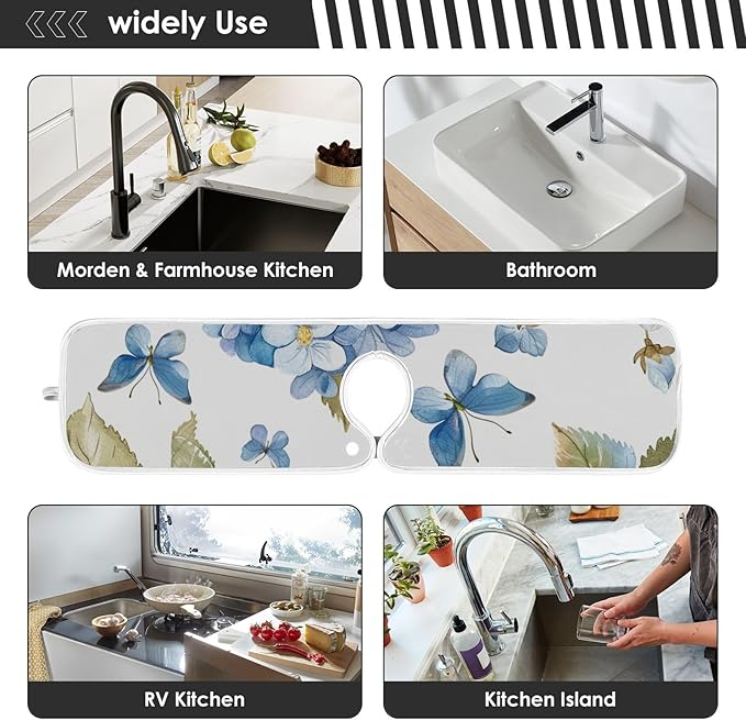 Sink Faucet Absorbing Mat Kitchen Sink Splash Guard Splash Faucet Drip Catcher for Bar RV Bathroom 2PCS 14.9x5.5in Watercolor Hydrangea Butterfly