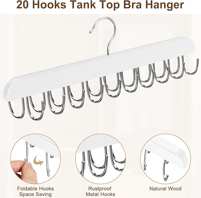 Bra Hanger for Closet, Tank Top Hanger 20 Hooks Capacity Foldable Wood Space Saving Hangers Closet Organizers and Storage for Dorm & Apartment for Tank Top, Bra, Scarf etc.