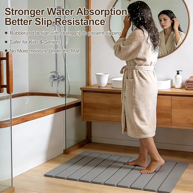 BJSNEIF Rolling Up Stone Bath Mat for Bathroom, Foldable with Absorbing Tray, Quick Drying, Non-Slip, Gray, 15.4x23.6 Inch, 2-Piece Set