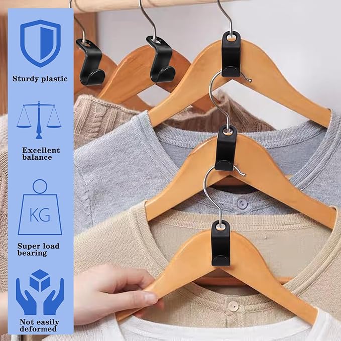 200 PCS Plastic Clothes Hanger Connector Hooks, Space Saving Hanger Extender Clips, Heavy Duty Closet Organizer (Black)