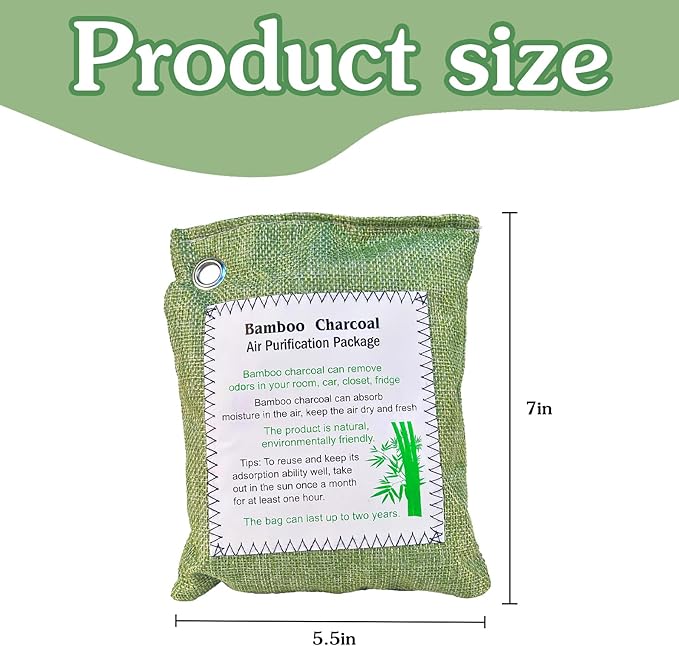 Bamboo Charcoal Air Purifying Bag, Activated Charcoal Odor Absorber Moisture Absorber Car Fresheners Odor Eliminator for Home Car Closet Refrigerator Shoe Smell Remover Gym Bag Deodorizer, Green