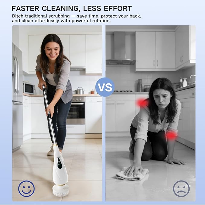 Hofenta Electric Spin Scrubber with 10 Replaceable Brush Heads, Extendable Handle Up to 59", 2 Speed Modes, Waterproof, Cordless Cleaning Brush, 2H Cleaning Time,Perfect for Home, Bathroom,Kitchen