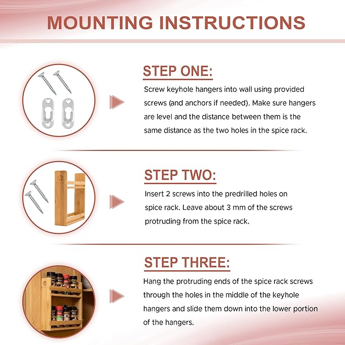 Morvat Bamboo Wooden Spice Jar Rack, 2-Tiered Seasoning Holder Organizer Set with 2 Shelves, Spice Storage Shelf for Kitchen Pantry & Cabinet, Counter or Wall Mount Option with Included Hardware