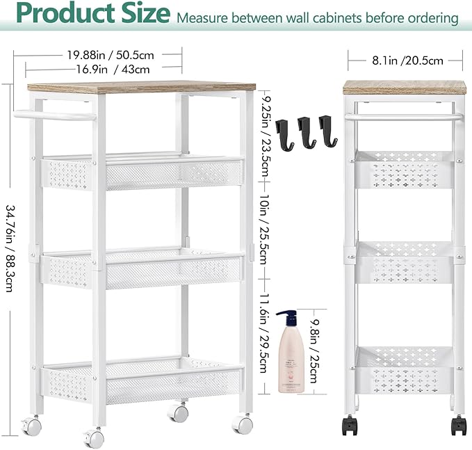 Utility Slim Storage Cart with Wheels, 4 Tier Small Rolling Cart with Wood Top, Metal Kitchen Bathroom Laundry Room Organization Trolley with Handle for Narrow Space - White