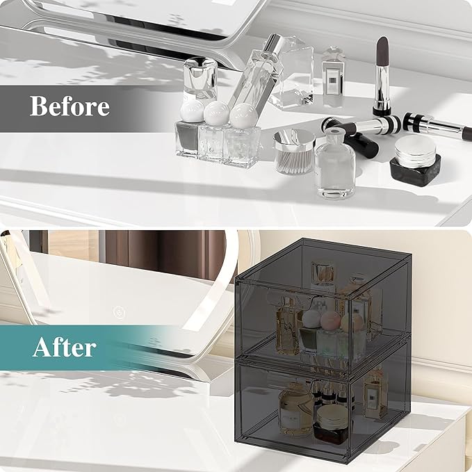 4 Pack Stackable Makeup Organizer and Storage, Acrylic Organizers，Clear Plastic Storage Drawer with Pull-Out Handles for Vanity, Undersink, Kitchen Cabinets, Pantry, Black