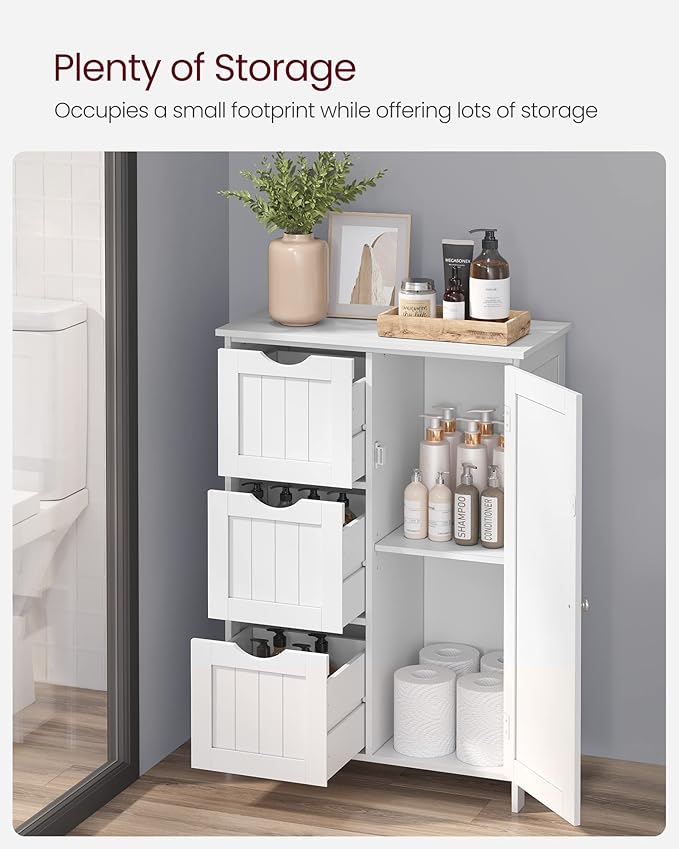 VASAGLE Floor Storage Cabinet, Freestanding Storage Unit with 3 Drawers, 1 Adjustable Shelf, for Bathroom Living Room Dining Kitchen, 11.8 x 23.6 x 31.5 Inches, Cloud White UBBC049WH01S
