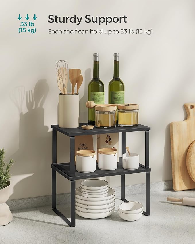 SONGMICS Cabinet Organizer Shelf, Set of 2 Kitchen Counter Shelves, Kitchen Storage, Spice Rack, Stackable, Expandable, Metal and Engineered Wood, Ink Black and Charcoal Black UKCS02B01 (Pack of 2)