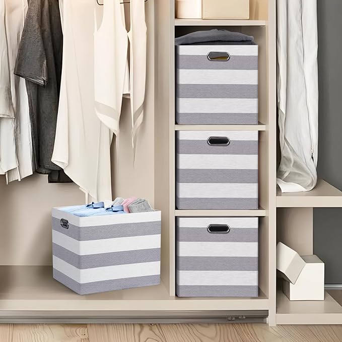 13x15x13 Storage Cube Bins, Foldable Storage Cubes, Fabric Organizer Basket Bin, Striped Containers Decorative Storage Boxes for Shelves Wardrobe Closet Home Office, 4 Pack, Gray/White