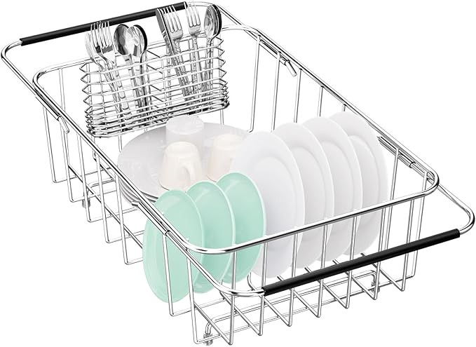 Small Dish Drainer Rack in Sink Adjustable, Expandable Stainless Steel Metal Dish Drying Rack Organizer with Stainless Steel Utensil Holder Over Inside Sink Counter, Rustproof(for 1-2 People)