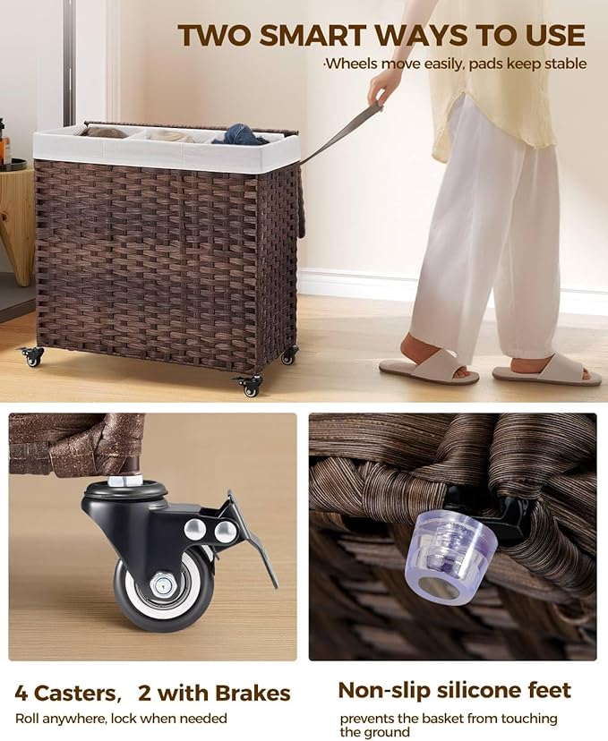 GREENSTELL Laundry Hamper with Wheels&Lid, 130L Large 3 Sections Clothes Hamper with 2 Types Removable Liner Bags, 5 Mesh Laundry Bags, Handwoven Divided Laundry Basket Brown