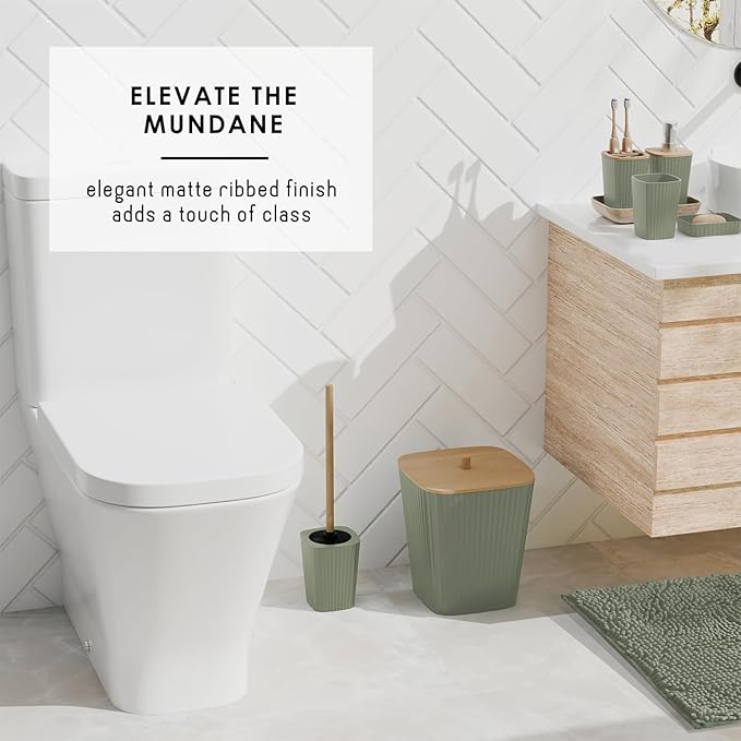 Clara Clark Bathroom Set - Sage Green Bathroom Accessories Set, 6PC Bathroom Accessory Set, Bathroom Sets with Bathroom Rugs, Adhesive Corner Shower Caddy Hanging, Toilet Brush & Trash Can