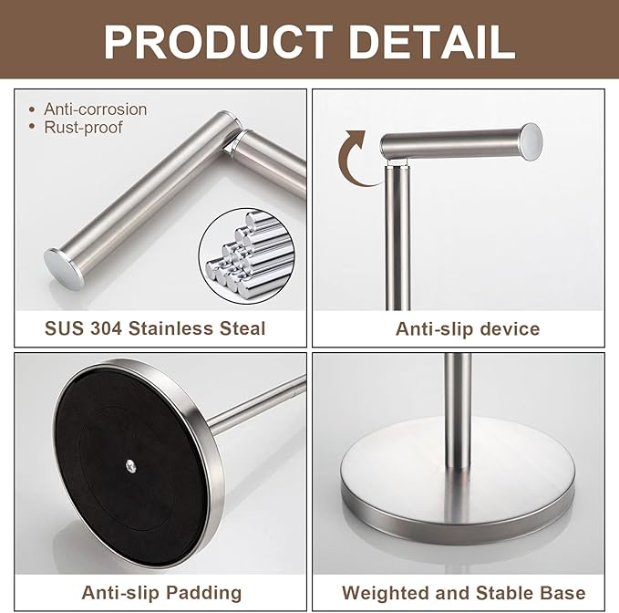 Kelirol Toilet Paper Holder Stand, Stain Nickel 304 Stainless Steel,Free Standing for Bathroom,Weighted Base