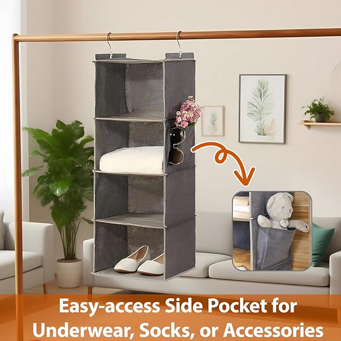 Hanging Closet Organizer 4 Shelf - Hanging Cube Organizer with Pockets, Sweater Shoe Storage, Max Storage for RV Closet, Grey (2)
