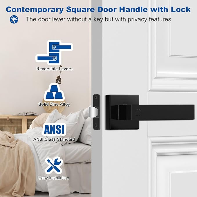 Estmoon 8 Pack Door Handles Black Interior Door Knobs, Keyless Privacy Door Levers with Lock Heavy Duty Door Handle for Bedroom Bathroom