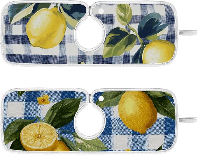 Sink Faucet Absorbing Mat Kitchen Sink Splash Guard Splash Faucet Drip Catcher for Bar RV Bathroom 2PCS 14.9x5.5in Blue and White Gingham Summer Lemons