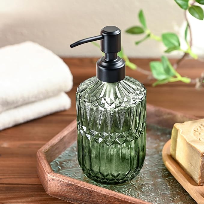 Green Glass Soap Dispenser with Black Rust Proof Pump Refillable for Kitchen Dish Soap Bathroom Hand Soap Lotion and Body Wash