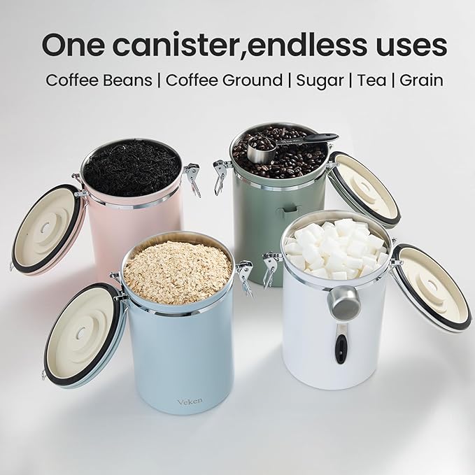 Veken Coffee Canister, 39OZ Large, Airtight Stainless Steel Food Storage Container for 2.2lbs Coffee Beans, Ground, Sugar, Tea, Cookie,Flour, Kitchen Bar Accessories with Date Tracker & Scoop, Pink
