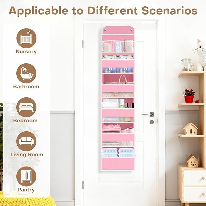 SpaceWhisper Over the Door Organizer, 6 Large Pocket Hanging Storage Organizer with 40lb Capacity, Space Saving for Nursery, Bathroom, Bedroom, Closet - Baby Essentials & Toiletry Organizer (Pink)