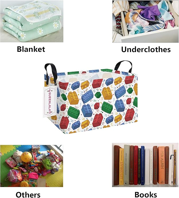 QUEENLALA Rectangular Laundry Hamper/Foldable Nursery Laundry Basket for Organizing/Storage Bin Baskets/Children Toy Office Bedroom/Toy Bin Closet Shelf Baskets (Rec-Blocks)